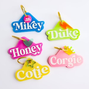 Pu&ograve; includere: Cinque targhette per cani in plastica colorata con lettere bianche. Le targhette hanno la forma di una nuvola e sono dotate di un anello dorato. I nomi sulle targhette sono Mikey, Duke, Honey, Corgie e Cotie.