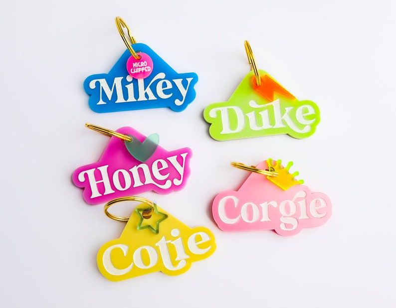 Pu&ograve; includere: Cinque targhette per cani in plastica colorata con lettere bianche. Le targhette hanno la forma di una nuvola e sono dotate di un anello dorato. I nomi sulle targhette sono Mikey, Duke, Honey, Corgie e Cotie.