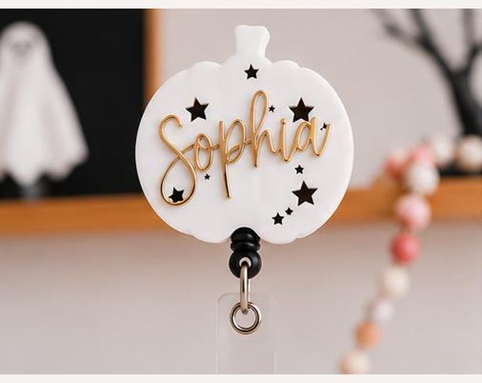 Personalized Pumpkin Badge Reel, Halloween Retractable ID Holder, Custom Nurse Badge Reel