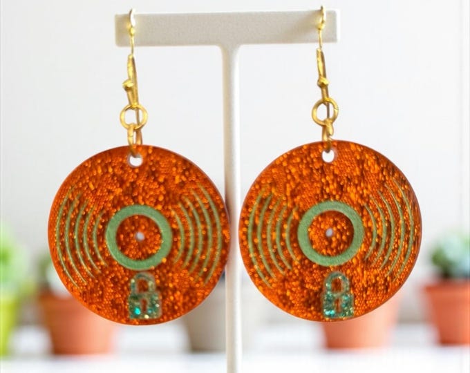 Showgirl Earrings, album earrings, orange earrings, lock earrings