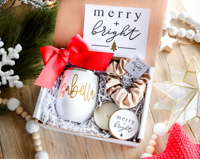 Christmas Box, Christmas custom gift, Christmas appreciation gift, Christmas office gift, rose gold tumbler, scrunchie gift, Candle gift