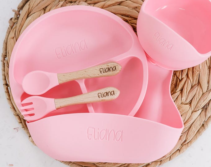 Baby feeding set silicone, Personalized Silicone Baby Weaning Set,Feeding Set with Name, Engraved Toddler Feeding Set,Kids Silicone Plate,