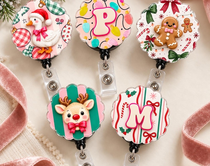 Personalized Badge Reel Retractable Badge Holder Initial Badge Reel Nurse Teacher Badge Reel Winter  Badge Christmas ID Badge reel Scalloped