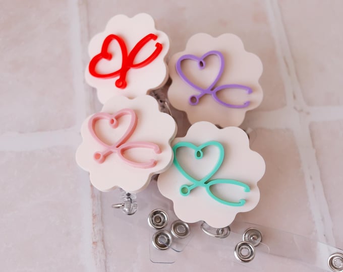 Heart Stethoscope Badge Reel, Cute Nurse ID Holder, Retractable Floral Badge, Medical Gift for RN, LPN, Nurse Badge Reel