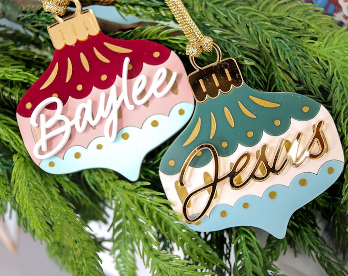 Stocking Name Tag, Retro Bauble Christmas Ornament, Vintage Holiday Ornament