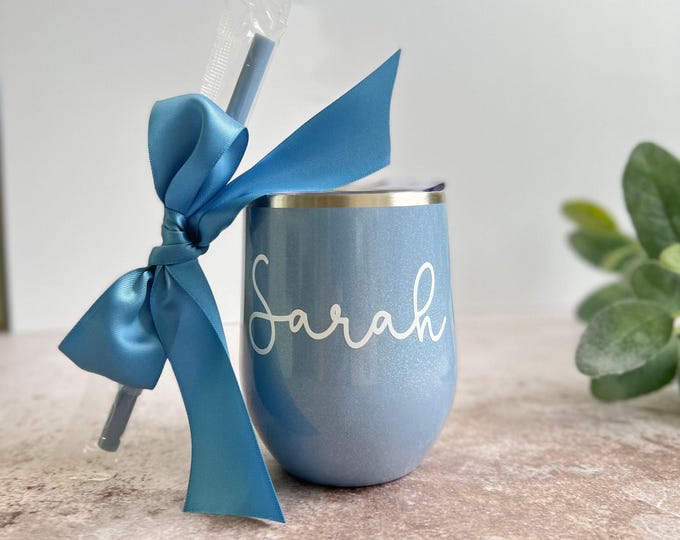 Dusty Blue Custom Wine tumbler, custom wine glasses, personalize wine glasses, personalized wine tumbler bridesmaid proposal bridesmaid gift