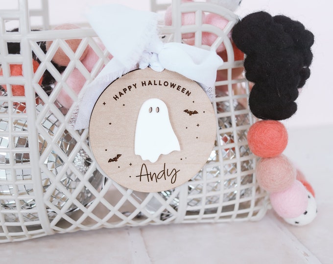 Personalized Halloween Ghost Basket Tag with Optional Jelly Bag - Custom Trick-or-Treat Bag- Halloween Basket tag, Halloween Name tag