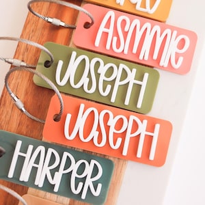 以下が含まれることがあります： 「Asmme」「Joseph」「Harper」などの白い名前が書かれた、カラフルなラゲッジタグのコレクション。長方形のタグは角が丸く、銀色のワイヤーのループが付いています。背景は木製のボードです。