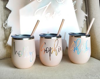 Custom Wine tumbler, custom wine glasses, personalize wine glasses, personalized wine tumbler, bridesmaid proposal bridesmaid gift blush cup