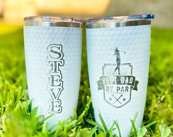 Best Dad By Par Father's Day Golf Ball Dimple Tumbler Laser Engraved 20oz Stainless Steel Mug Cup | Father’s Day gift for Husband for dad