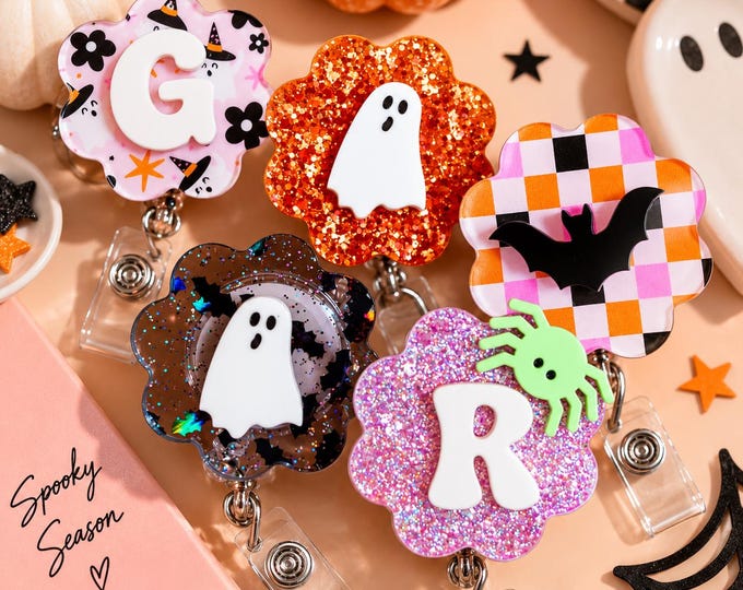 Halloween Badge Reel, Cute Spooky Badge Reel, Personalized Nurse Badge Holder, Ghost Bat Spider ID Reel, Halloween Nurse Gift, RN Badge Reel