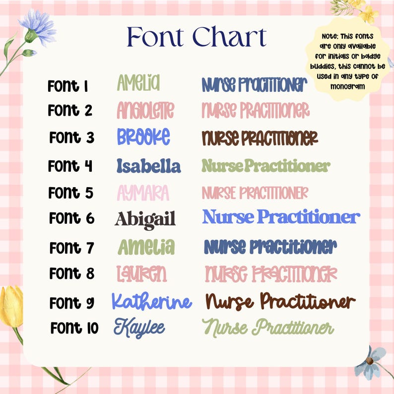 The image is a font chart that lists various font names, including "Amelia", "Angiolote", "Brooke", "Isabella", "Abigail", "Amelia", "Abigail", "Lauren", "Avery", "Abigail", "Lauren", "Katarine", and "Kaylee".