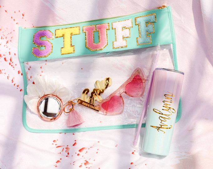 Clear pouch with patches, snacks bag, travel bag, clear bags, cosmetic bag, bridesmaid gift, personalized gift, SEWN ON PATCHES, beach bag