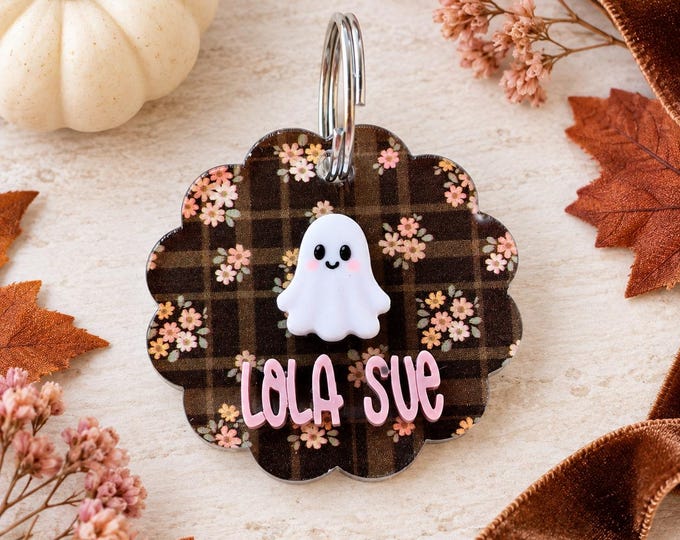 Personalized Halloween Dog Tag, Custom Pet ID Tag, Cute Ghost Dog Name Tag, Floral Plaid Fall Puppy Collar Tag, Pet Gift