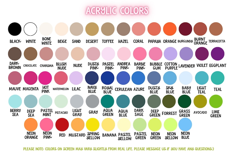 Puede incluir: Una carta de colores titulada ACRYLIC COLORS que presenta una cuadr&iacute;cula de muestras circulares en varios tonos, incluyendo negro, blanco, beige, rosa, azul, verde y amarillo. Cada c&iacute;rculo est&aacute; etiquetado con su nombre de color en texto negro.
