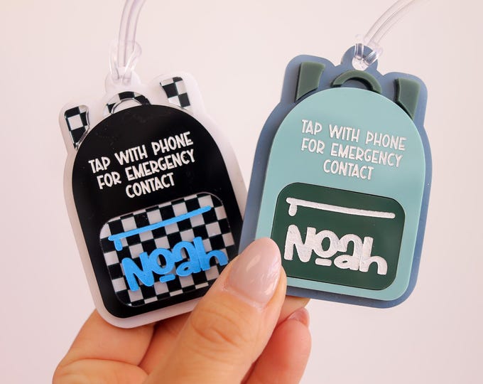 Emergency contact backpack tag, NFC tag, Tap bag tag, special needs, for boys,  safety, school name tag, NFC backpack tag, Kids Luggage Tag