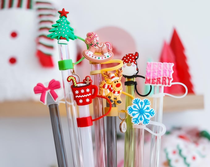 Christmas Straw Charm Stanley Straw Topper Straw Cover Topper Initial Charm Christmas Stocking Stuffer Santa Snowman Christmas Tree