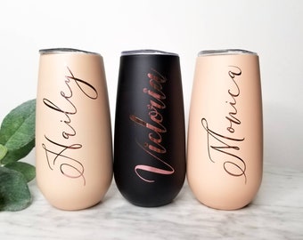 Bridesmaid Gift Ideas, Stemless 6oz Champagne Flutes; Personalized Wine Tumbler, Custom Wine Cup, Bride Stainless Steel, Wedding Party Gift