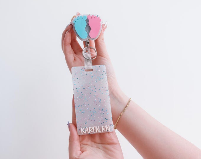Custom NICU Nurse Badge Reel, Pink and Blue Baby Footprints, Glitter ID Holder, Personalized RN Badge, Labor and Delivery Nurse Badge Reel