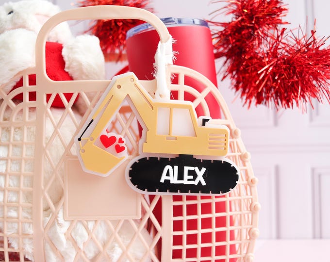Personalized Construction Valentines Basket Tag, Acrylic Construction Truck, Kids Name Tag, Personalized Valentine Tag, Galentines Gift
