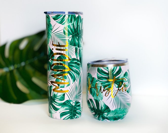 Palm tree tumbler, tropical cup, summer cup, bestie gift, best friend birthday gift, Pink Banana Leaf Tumbler Palm Leaf, personalized cup