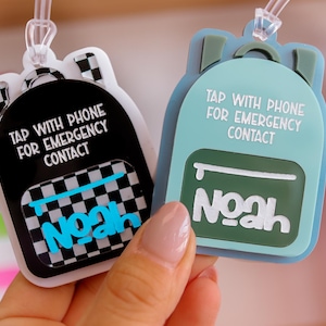 Emergency contact backpack tag, NFC tag, Tap bag tag, special needs, scan tag,  safety, school name tag, NFC backpack tag, Kids Luggage Tag
