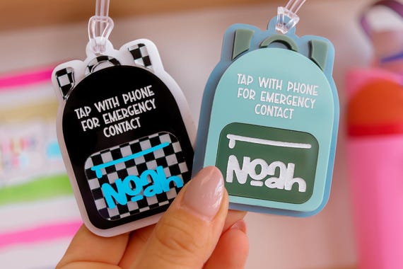 Emergency contact backpack tag, NFC tag, Tap bag tag, special needs, scan tag,  safety, school name tag, NFC backpack tag, Kids Luggage Tag