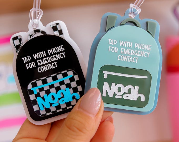Emergency contact backpack tag, NFC tag, Tap bag tag, special needs, scan tag,  safety, school name tag, NFC backpack tag, Kids Luggage Tag