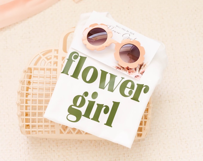 Flower Girl Proposal Set, Flower Girl basket, flower Girl shirt, Flower Girl sunglasses, neutral flower girl gift, Jelly Bag, Green wedding