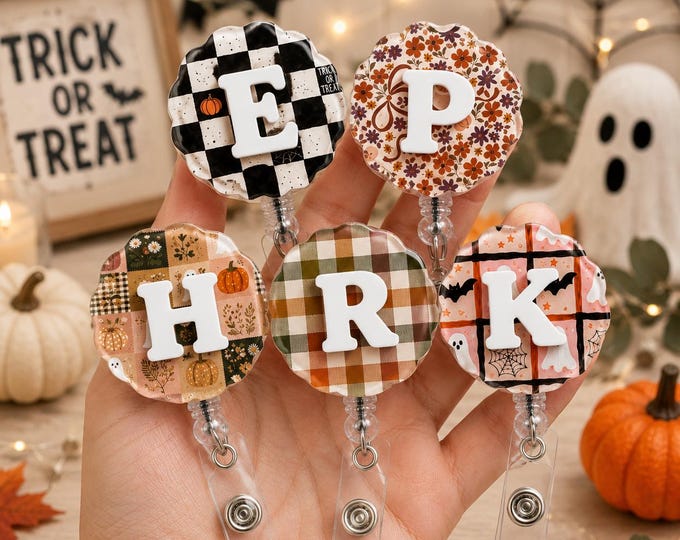 Fall Personalized Retractable Badge Reel, Acrylic Pattern, Initial Charm (Handmade), Fall ID badge Reel