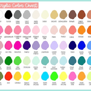 May include: An acrylic color chart with a variety of colors, including white, black, gray, pink, purple, blue, green, yellow, and orange. Each color is labeled with its name, such as "Barbie Pink" and "Sky Blue". The text "Acrylic Color Chart" is at the top.