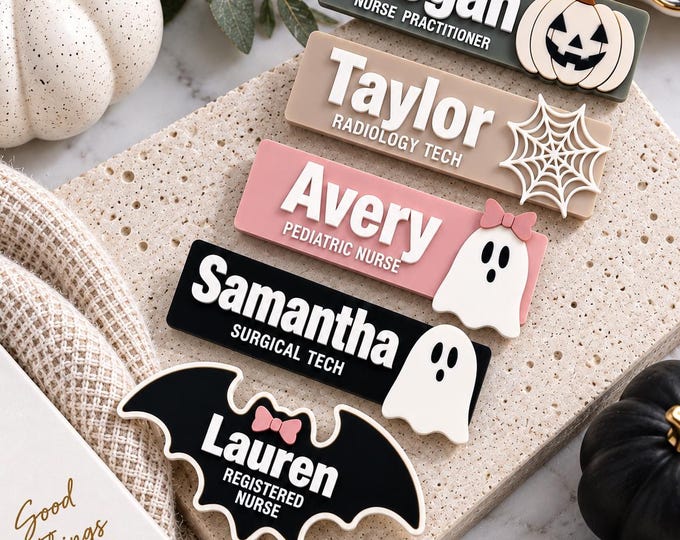 Personalized Halloween Name Badge, Nurse Name Tag, Custom Acrylic Badge, Spooky Nurse Badge, Medical Name Tag, Halloween Work Badge