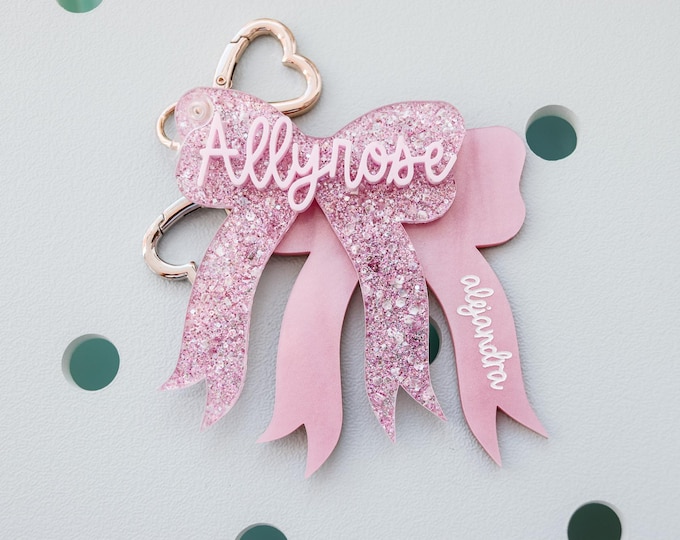 Backpack Name Tag, Diaper Bag Tag, Lunch Box Name Tag for Girls, Bow Keychain
