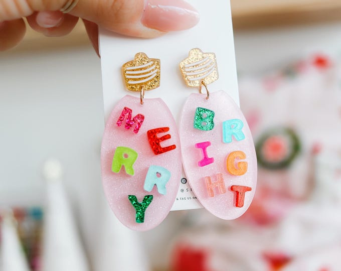 Christmas earrings, merry and bright earrings, Christmas pink earrings, Christmas teacher earrings,