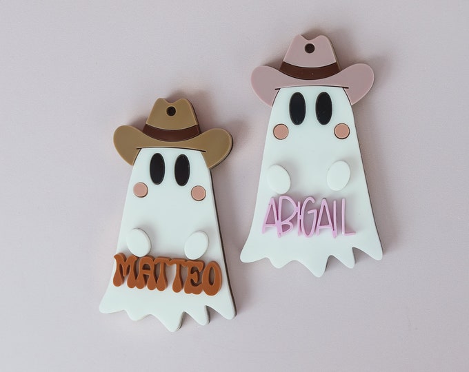 Personalized Name Ghost Tag, Halloween Gift Basket Gift Tag, Acrylic Gift Tag, cowboy Basket Tag, Basket tag, Trick or Treat Bag, western