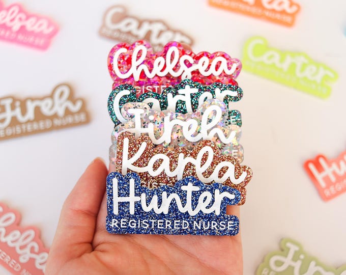 Glitter Name Tag, Teacher Name Badge, Custom Acrylic Name Tag, Badge for Work, Name Badge for Nurses, Nurse Name Tag