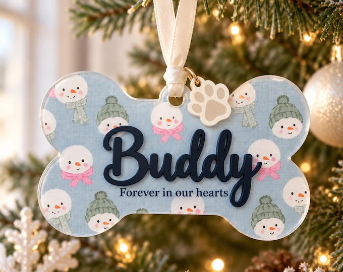 Personalized Dog Memorial Ornament, Acrylic Bone with Pet Name and Paw Charm