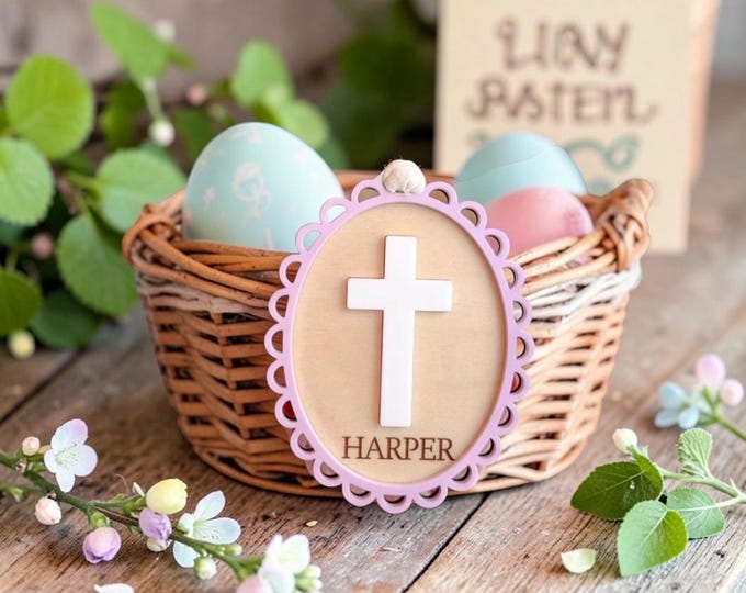 Easter tag, Easter Cross Basket Tag, Baby first easter, christian easter name tag