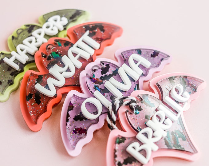 Personalized Basket Tag, Halloween Basket Tag, Bat Tag, Halloween Name Tag, Trick or Treat Bag Tag, Halloween Tags, halloween glitter tag