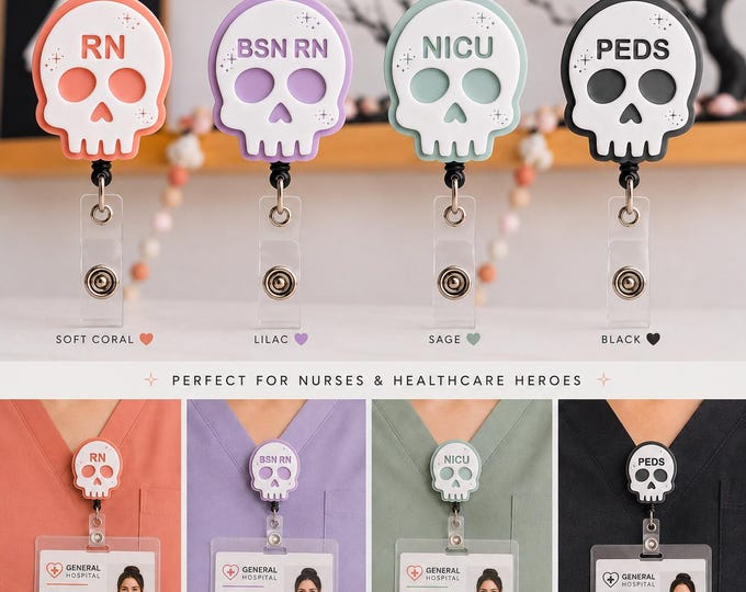 Halloween Skull Badge Reel, Personalized RN Retractable ID Badge Holder, Nurse Badge Reel