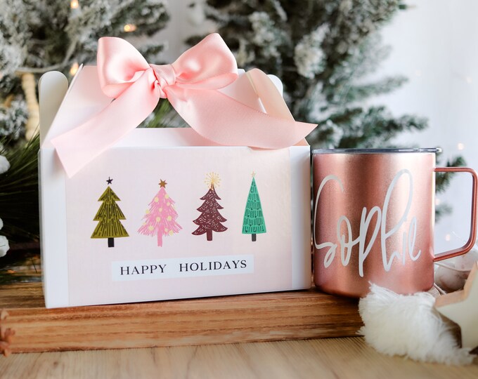 Boho Christmas trees, Christmas Box, Christmas gift set, Christmas gift box, gift for her personalize Wine Glass Christmas beer can glass