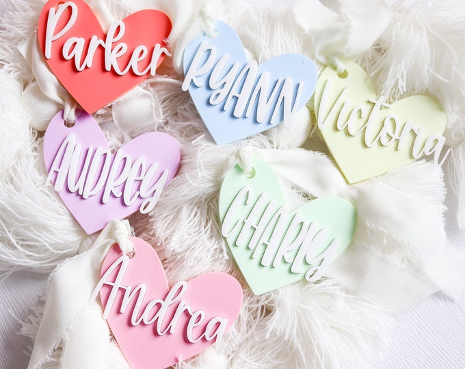 Valentines name tag, Valentines heart Name Tags, Acrylic Heart Name Tags, Personalized Name Valentine's Day Gift Basket Gift Tag, Easter Tag