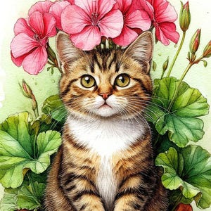 May include: Watercolor painting of a tabby cat sitting in a terracotta pot filled with green leaves and pink flowers. The cat has brown and white fur and green eyes. The flowers are a vibrant pink color.