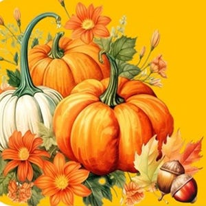 May include: A yellow and white printable gift tag with a fall theme. The tag features pumpkins, fall leaves, and acorns. The text on the tag reads "Line 1 Line 2 Line 3".