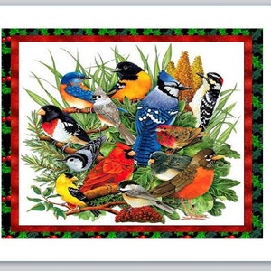 May include: A colourful illustration of a group of birds, including a blue jay, a cardinal, and a robin, perched on branches and surrounded by green foliage. The birds are depicted in a realistic style with detailed feathers and beaks.