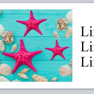May include: Three pink starfish on a blue wooden background with white seashells. Line 1, Line 2, Line 3.