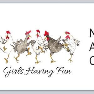 30 Personal Address Labels  Primitive Country Dancing Cartoon Chickens (bx 518)
