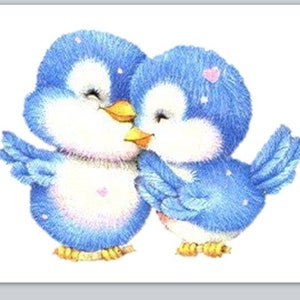 30 Personal Address Labels  Cute Blue Birds in Love cuddling (bx 376)