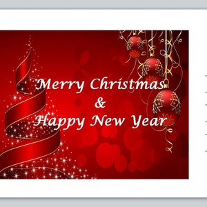 May include: Red Christmas card with a red ribbon and gold ornaments. The card says "Merry Christmas & Happy New Year".