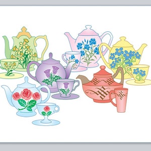 May include: A colorful set of teapots and teacups with floral designs. The teapots are in various colors, including pink, yellow, blue, and purple. The teacups are white with floral designs. The text "Line 1", "Line 2", and "Line 3" is printed on the right side of the image.